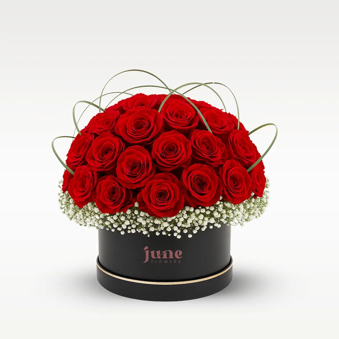 Box of Red Roses with steel grass